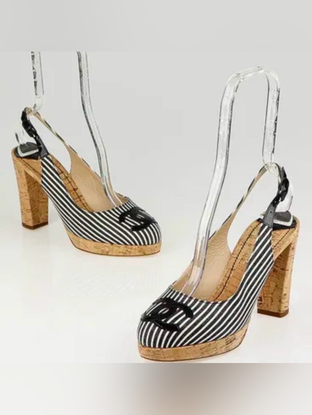 Vintage CHANEL CC logo black and white striped cork heels pumps shoes size 37.5